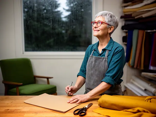 Woman with short grey hair and red glasses holding a pen over a kraft folder at a workbench in a fabric shop